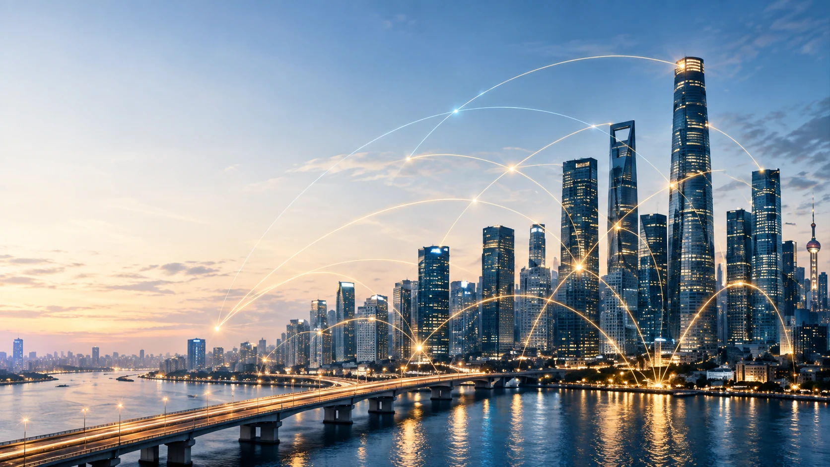 Illustrazione editoriale generata con AI: skyline finanziario e connessioni globali